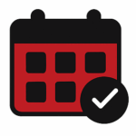 An icon depicting a calendar using the red and black colour scheme with a checkmark in the bottom right corner